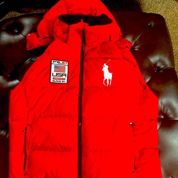 Mens Red Polo Vest With Detachable Hood 